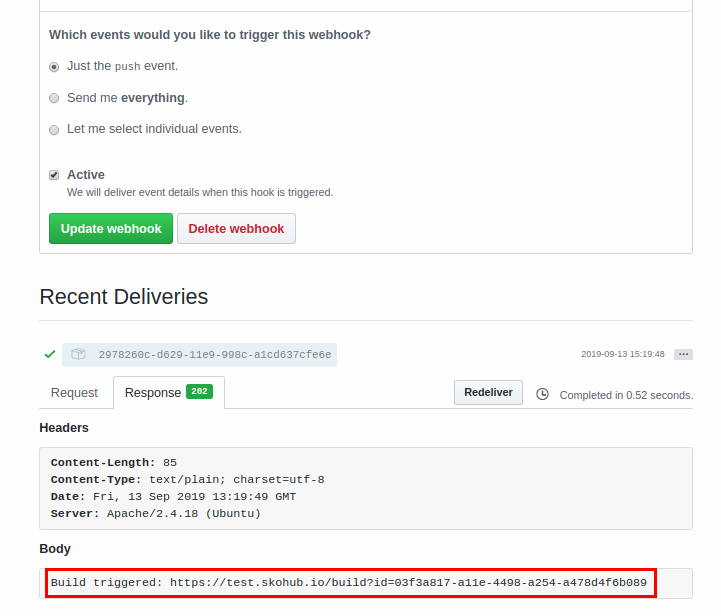 Screenshot from GitHub Webhook page with information that build was triggered with link to build log.