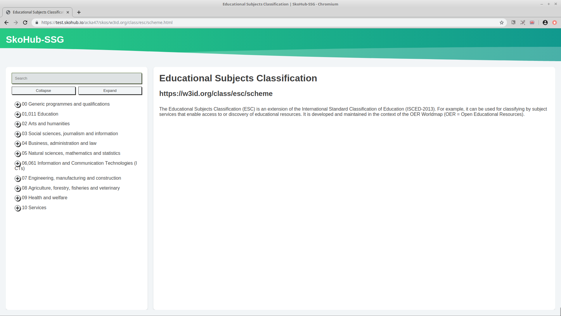 Screenshot of the HTML version of ESC published with SkoHub.