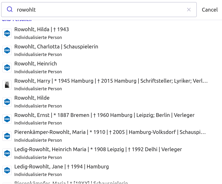 Suggest list of different persons for query 'rowohlt' containing the named information with unicode icons fr birth and death