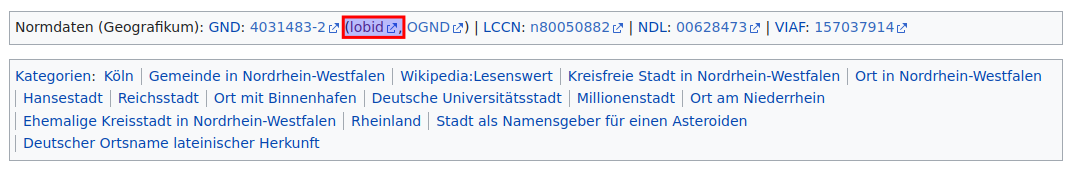 Normdaten-Box aus dem deutschsprachigen Wikipedia Eintrag zu Köln