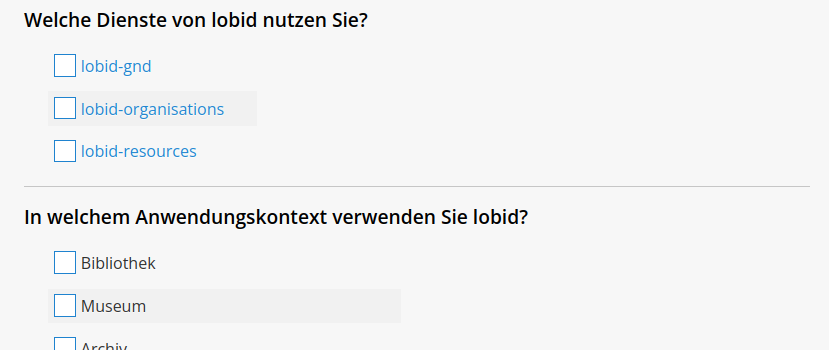 Screenshot von einem Teil des Umfrageformulars mit den Fragen 'Welche Dienste von lobid nutzen Sie?' und 'In welchem Anwendungskontext verwenden Sie lobid?'