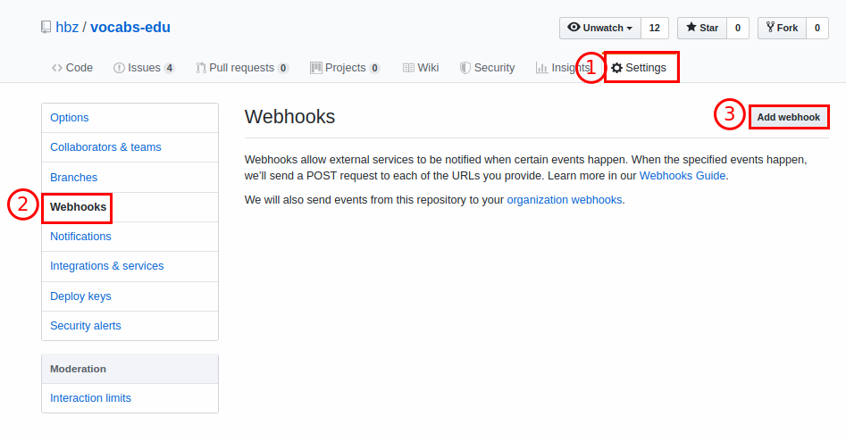 Screenshot of the Webhook page in a GitHub repo with highlighted fields for the navigation path.