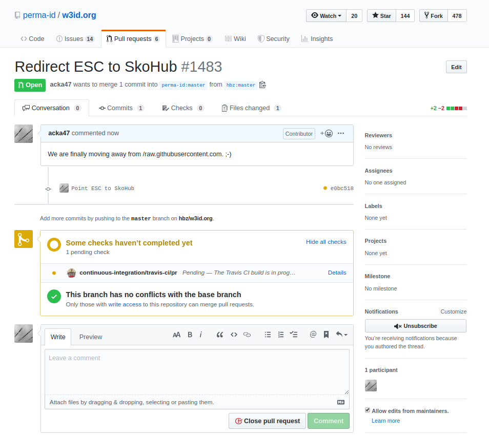Screenshot of a pull request to redirect ESC to SkoHub