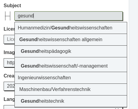 The string 'gesundh' is input in the subject field and several entries with this string from a controlled vocabulary are suggested.