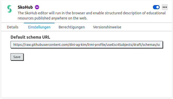 Screenshot of how to configure a custom schema in the SkoHub Editor extension for Firefox