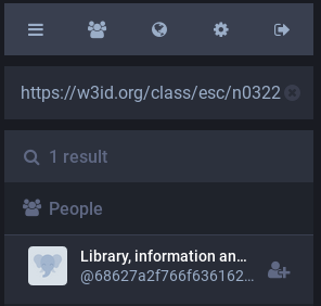 Screenshot of a Mastodon search result for a topic URL with adjacent subscribe button